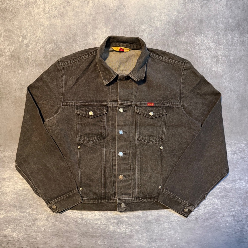 Vintage Rustler Mens Large Black Denim Trucker Jacket Made USA Cotton